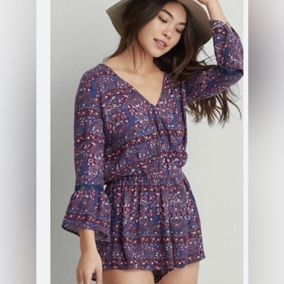 American Eagle long sleeve boho wrap top romper size medium - Picture 2 of 8